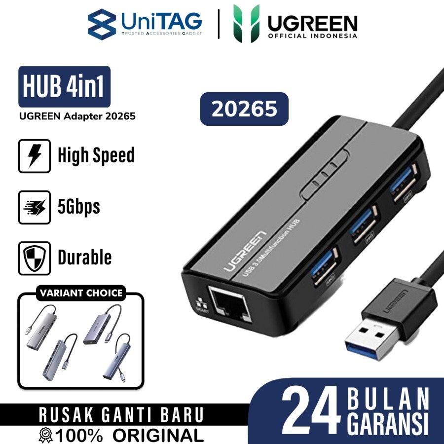 UGREEN Hub 4 in 1 USB A to 3A 3.0 1RJ45 - Black 20265 20265
