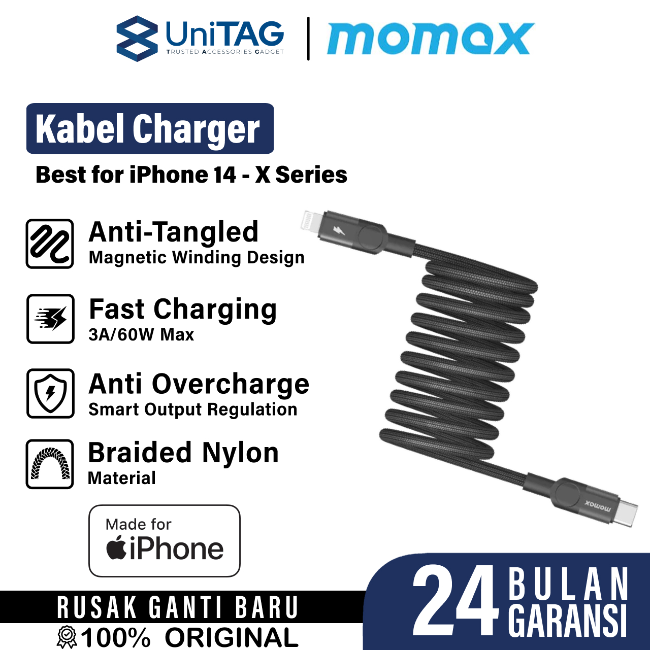 Momax Kabel Charger USB C - Lightning 60W Mag Link 1m - Black DL57D