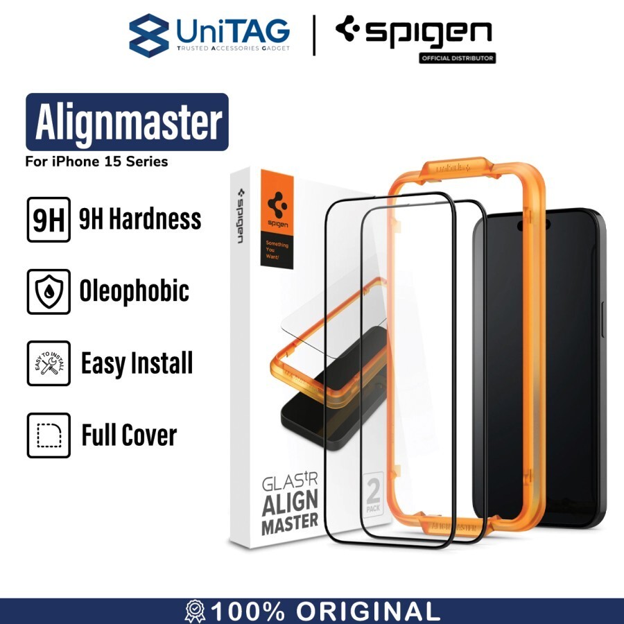 Spigen iPhone 15 Pro Tempered Glass Full Cover with Tray 2 Pack GlastR AlignMaster - Black AGL06895