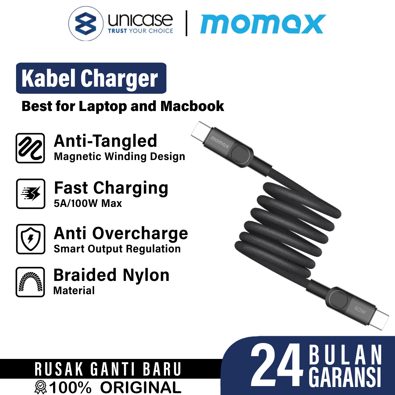 Momax Kabel Charger USB C - USB C 100W Mag Link PD 3.0 QC 3.0 1m - Black DC52D