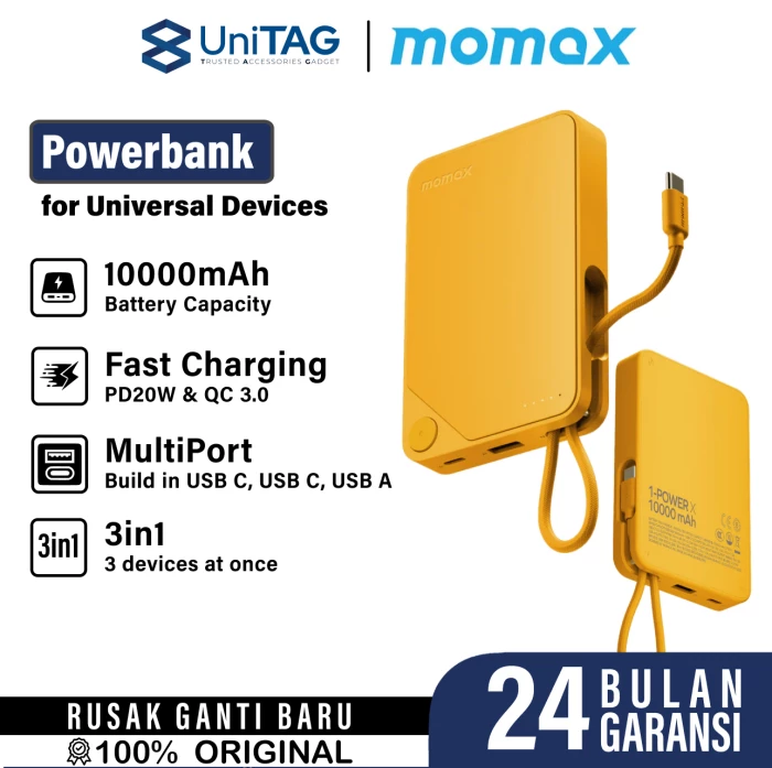 Momax Powerbank Built in Kabel Charger USB C 10000mAh 1-Power X - Yellow IP152Y