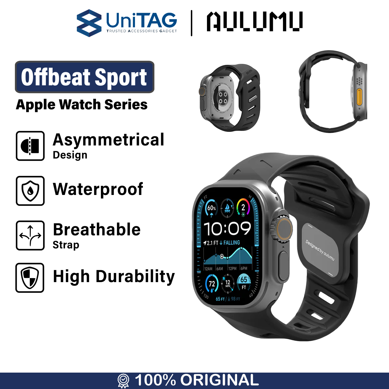 Aulumu Apple Watch 49mm / 46mm / 45mm / 44mm / 42mm (Series 3 / 2 / 1) Strap A02 Offbeat Sport Band - Black A02-FKM-BK