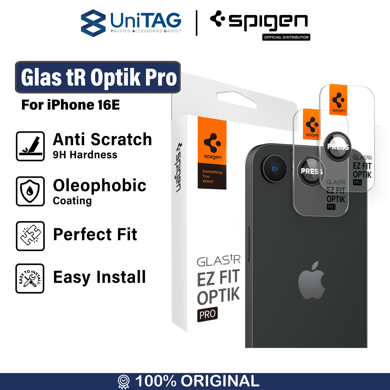 Spigen iPhone 16e Camera Lens Protector Camera Ring with Tray 2 Pack GlastR EZ Fit Optik Pro - Black AGL09279
