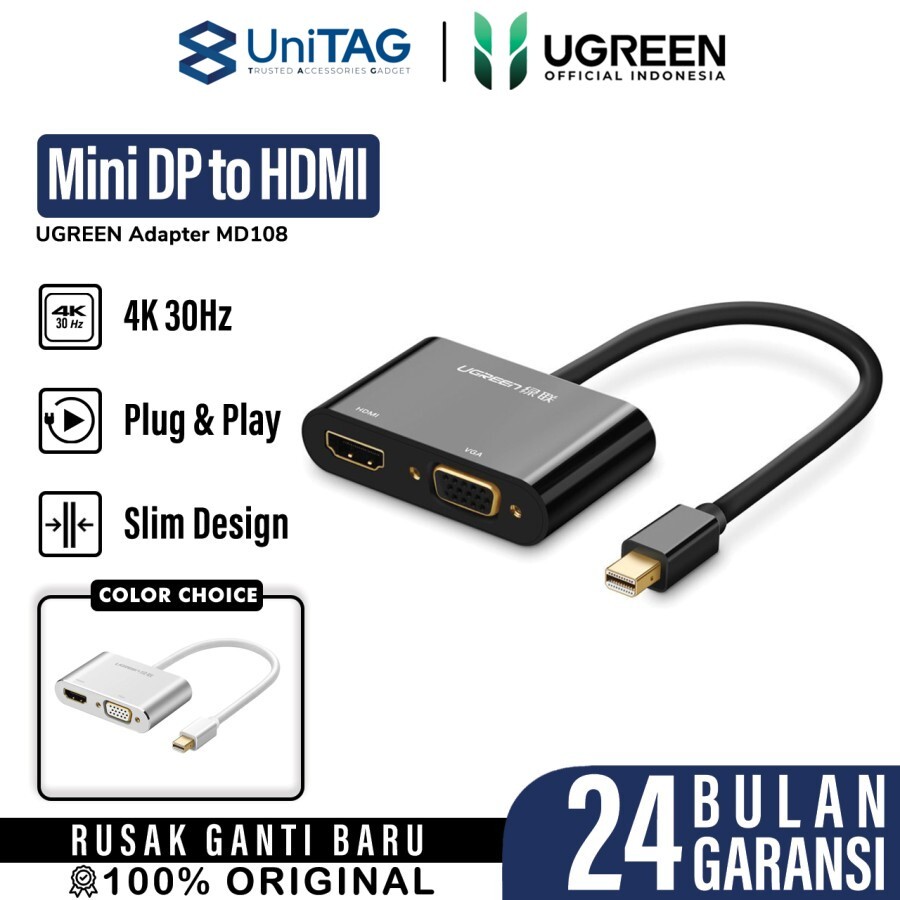 UGREEN Converter Display Mini DP to 1HDMI 1VGA 1080p - Black MD108 10439