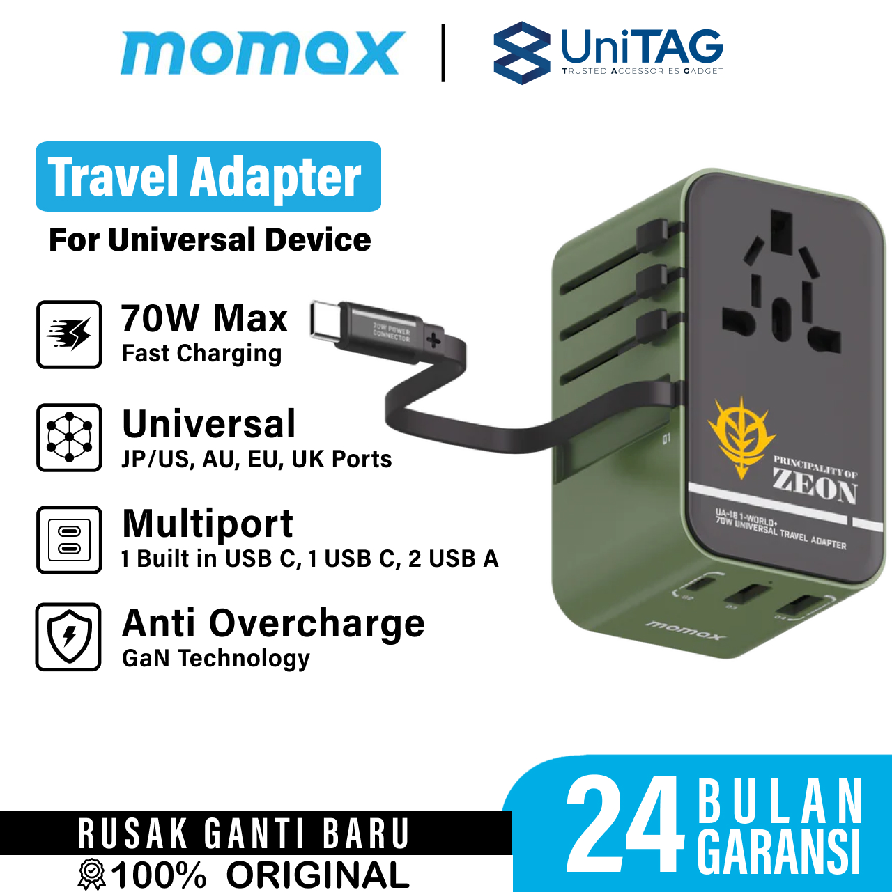 Momax Travel Adaptor 1-World+ 3-Port 2A 1C + Built-in USB C PD QC GaN 70W - Zaku Green UA18GDG