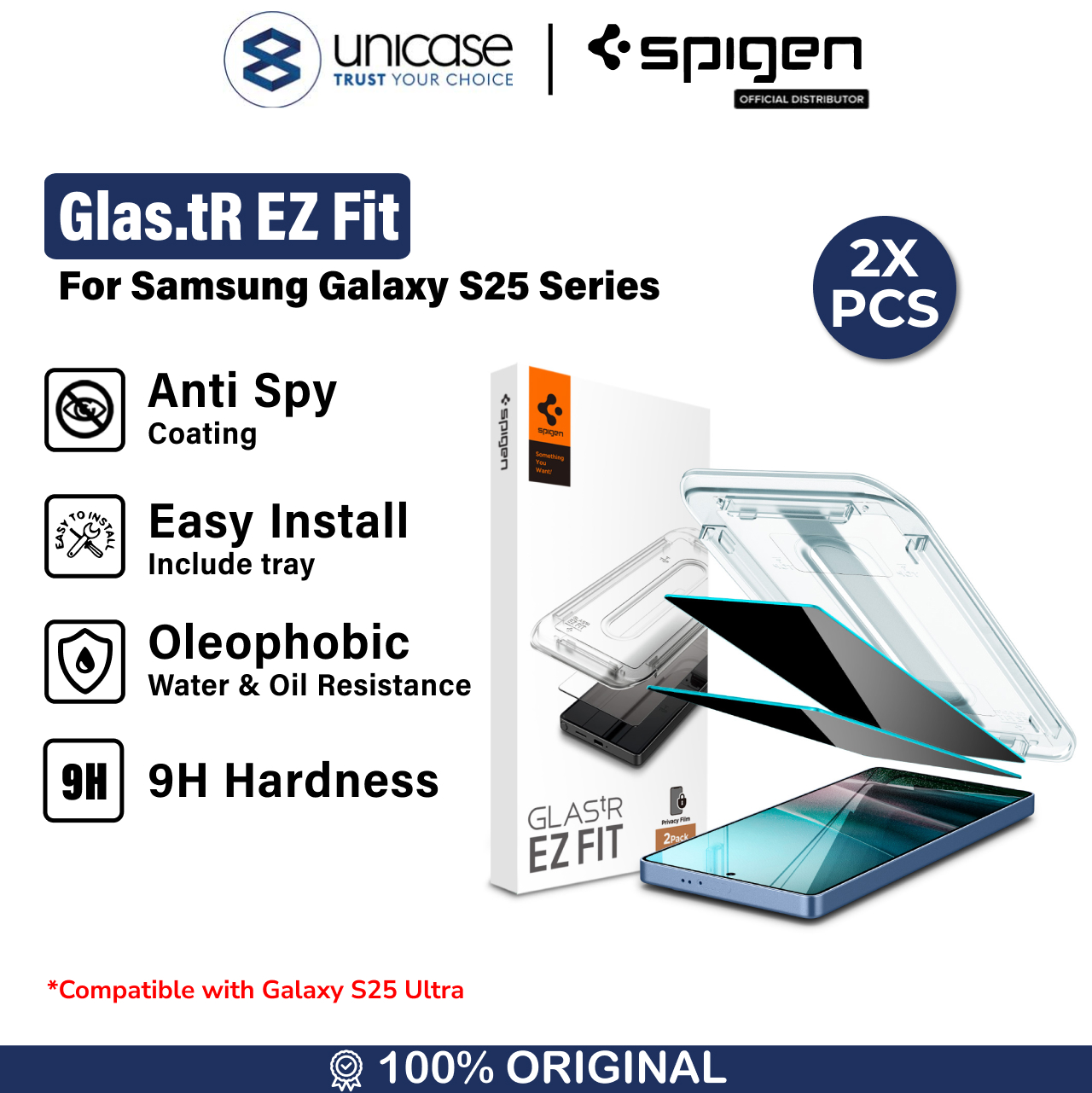 Tempered Glass Samsung Galaxy S25 Ultra Plus Spigen Glas tR EZ Fit Clear HD Anti Gores Protector