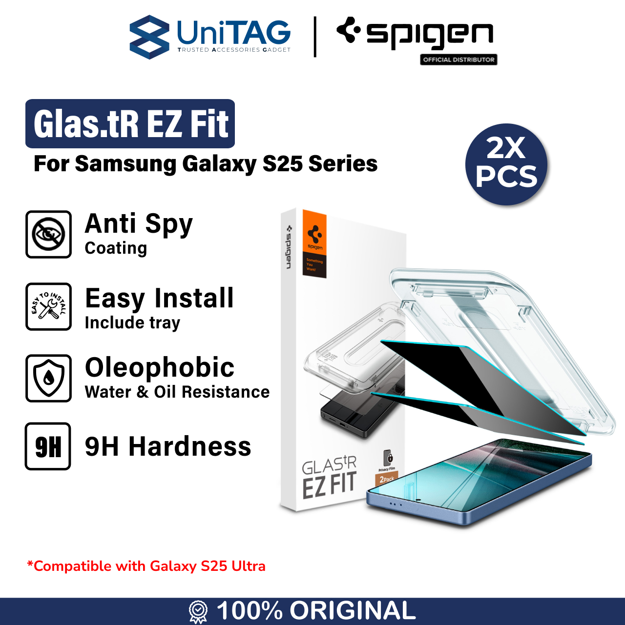 Spigen Galaxy S25 Plus / S24 Plus Tempered Glass with Tray 2 Pack GlastR EZ Fit - Privacy AGL09307 (Offline SKU)