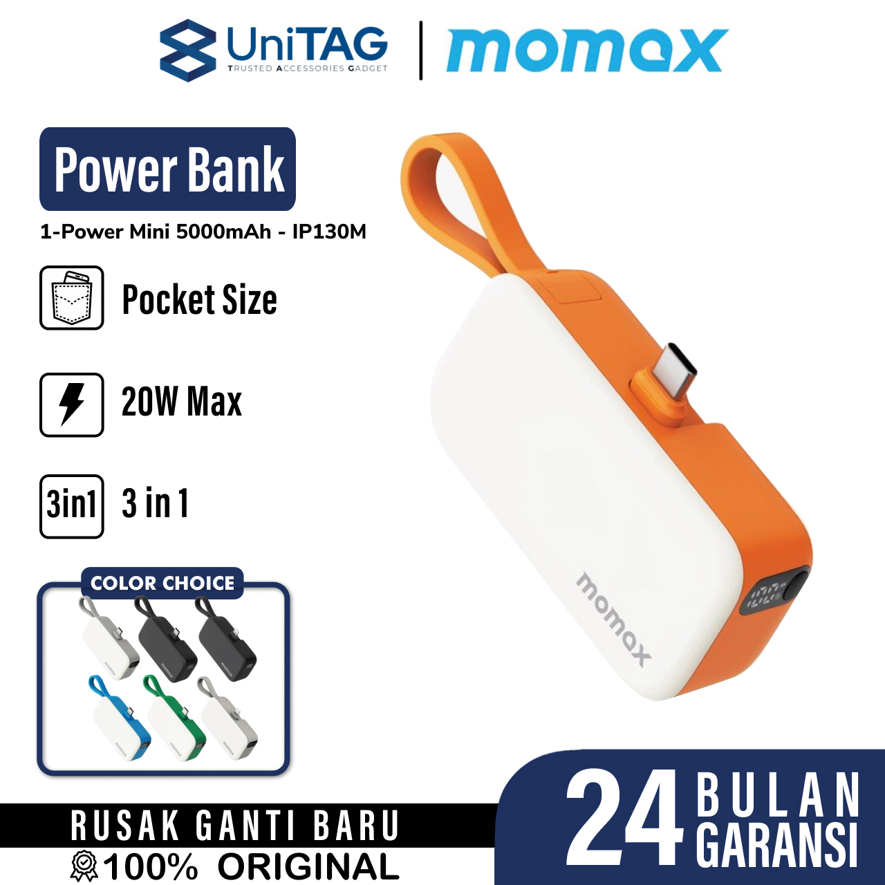 Momax Powerbank 3 in 1 1-Power Mini 5000mAh (+ 2 USB C Cable ) - Orange IP130M