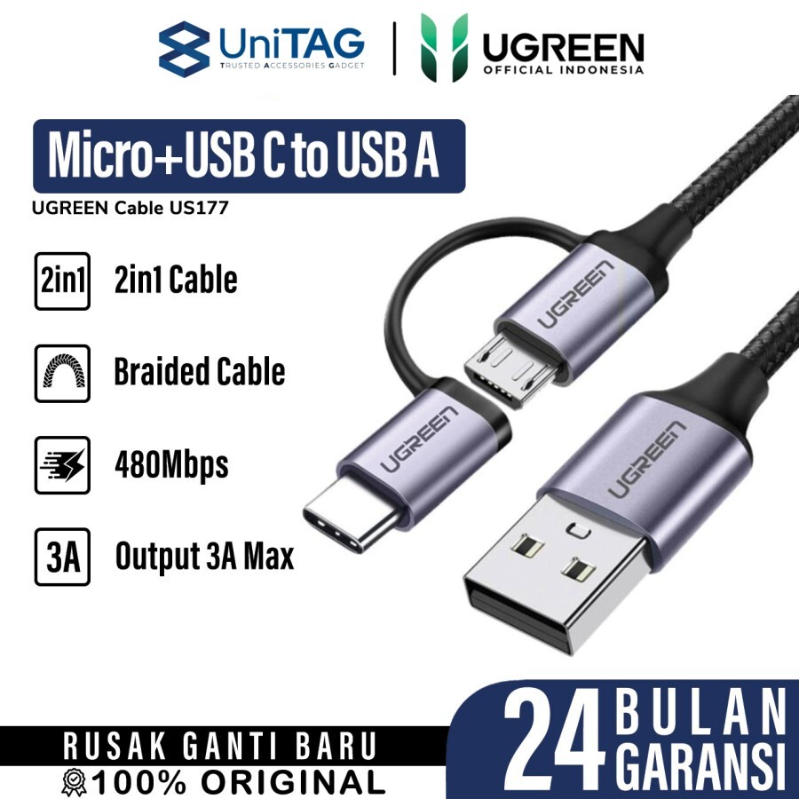 UGREEN Kabel Charger Micro USB + USB C - USB A 3A Braided 1m - Black US177 30875