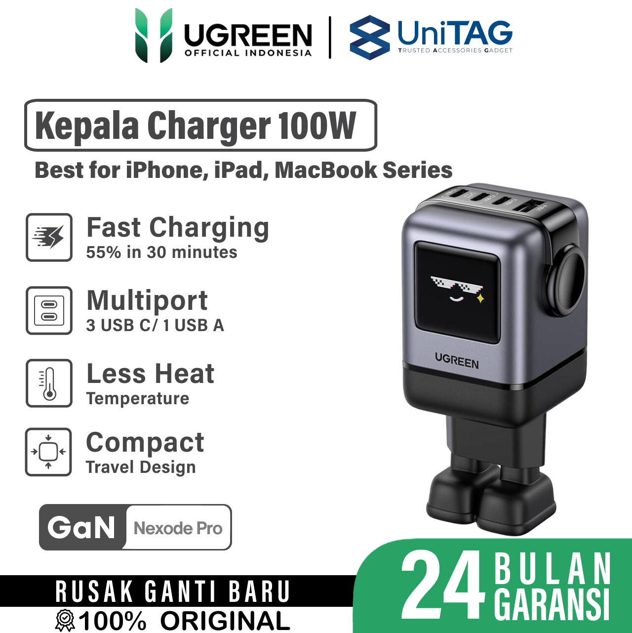 UGREEN Wall Charger 100W 3C 1A GaN Uno - Black X688 45515B