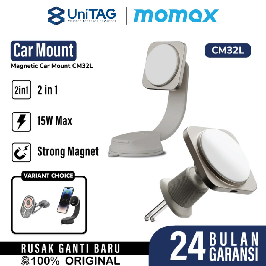 Momax Car Charger Air Vent / Dashboard Magsafe 15W Q2.Mag Mount Qi2 - Titanium CM32L-1