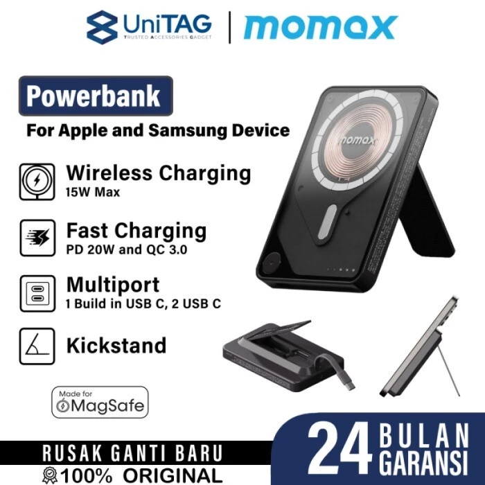 Momax Powerbank Magsafe Stand Built in Kabel Charger USB C 10000mAh 1-Power X Pro+ - Black IP132HKD