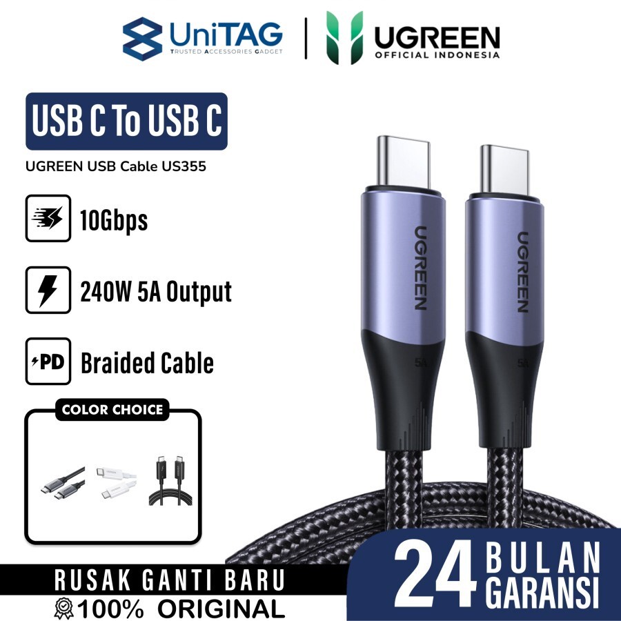 UGREEN Kabel Charger USB C - USB C 100W Braided 1m - Black US355 80150