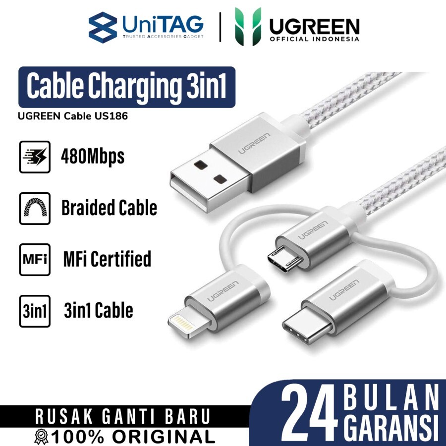UGREEN Kabel Charger Lightning + USB C + USB Micro - USB A 2.4A Braided 1.5m - White US186 50203