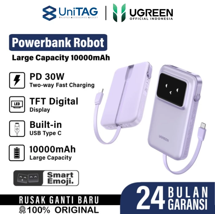 UGREEN Powerbank Built in Kabel Charger USB C 1A 1C 10000mAh 30W Uno - Purple PB511 35604B