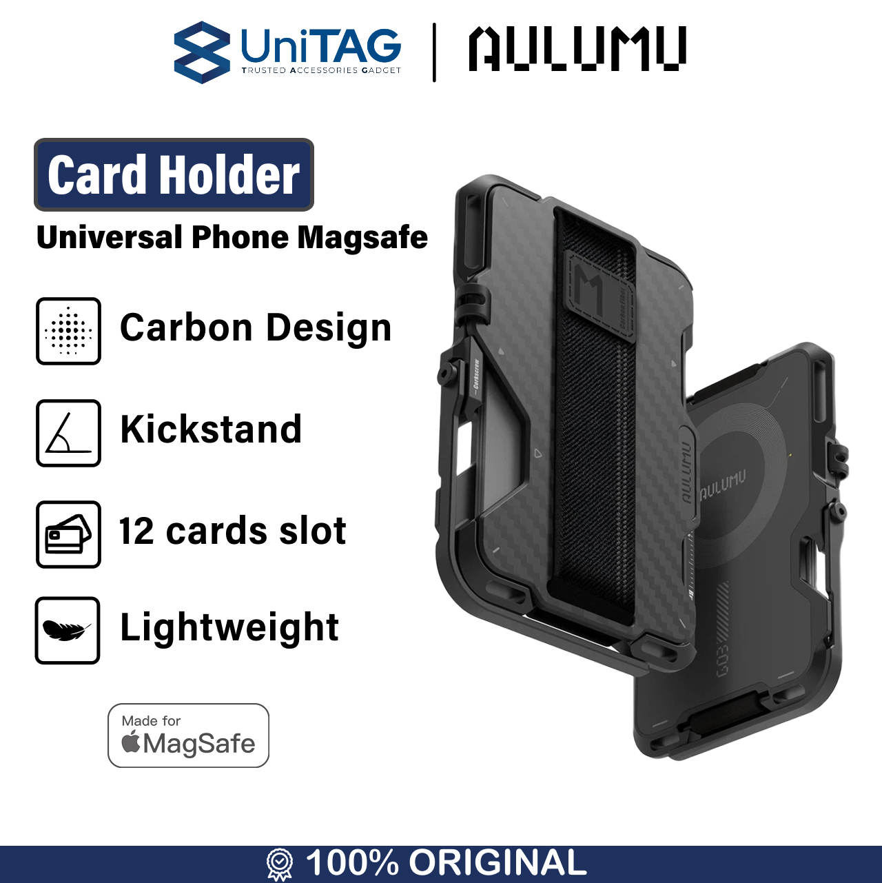 Aulumu Card Holder Magsafe Stand Multi-tool Metal Wallet - Black UA-G03-CF