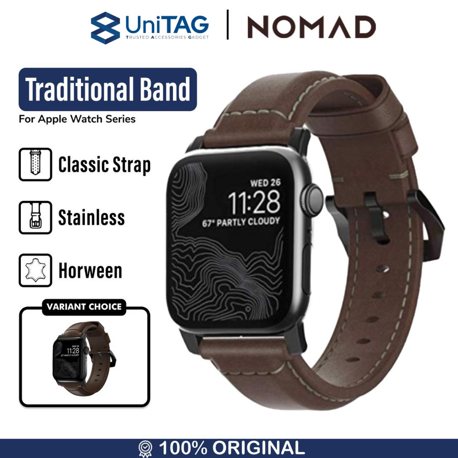 Nomad Apple Watch 49mm / 46mm / 45mm / 44mm / 42mm (Series 3 / 2 / 1) Strap Traditional Band Horween Leather - Rustic Brown Silver Hardware NM1A4RST00