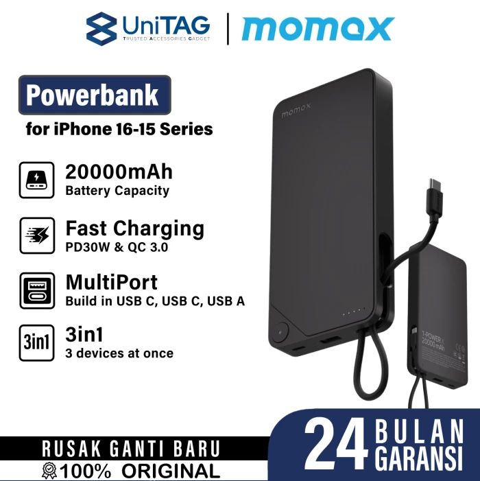Momax Powerbank Built in Kabel Charger USB C 20000mAh 1-Power X1 - Black IP153D