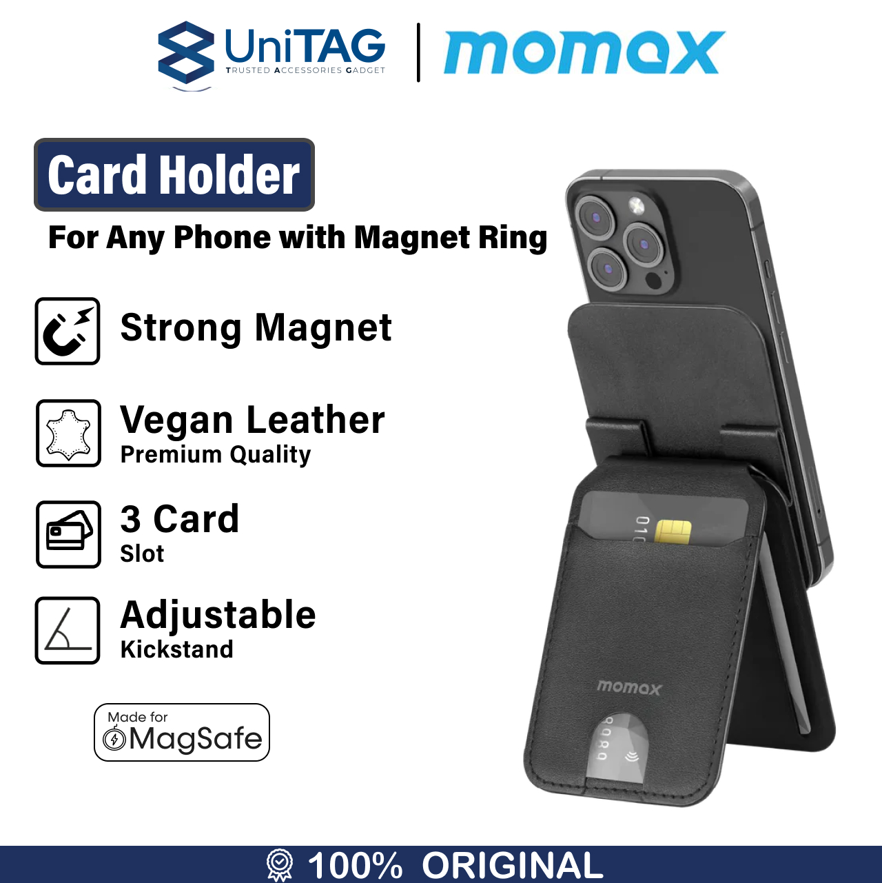 Momax Card Holder Magsafe + Adjustable Stand 1-Wallet Magnetic - Black SR51D