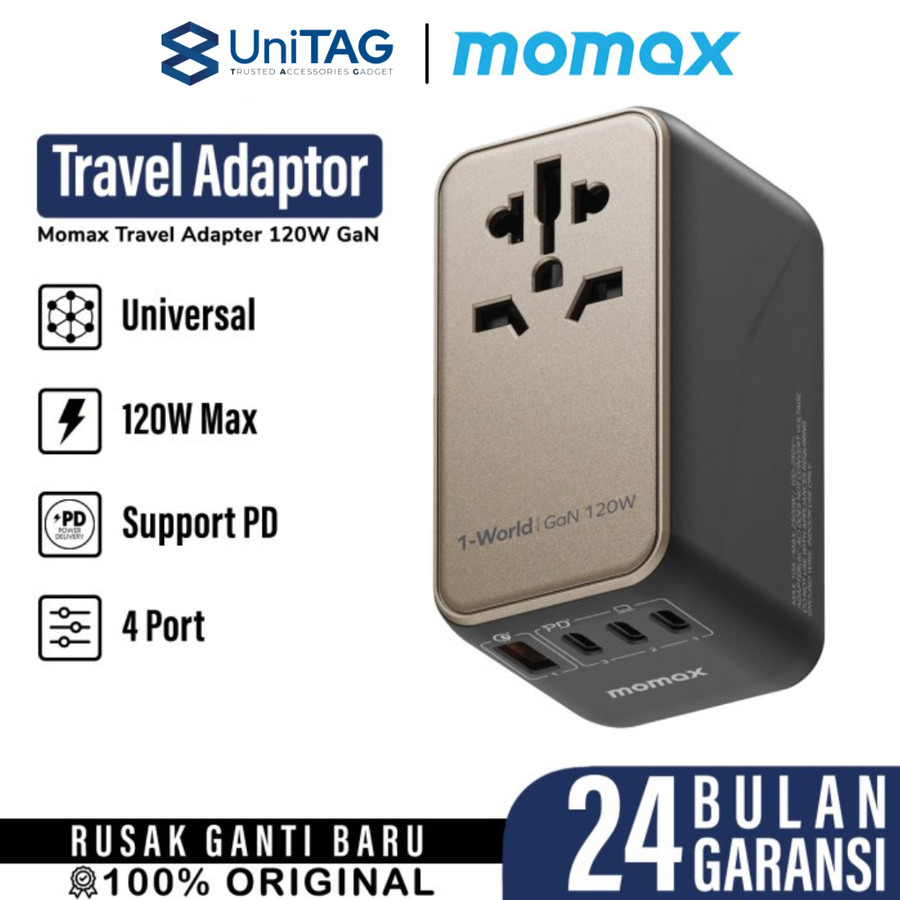 Momax Travel Adaptor 1-World Universal 4-Port 1A 3C PD QC GaN 120W (+Cable C to C 1m) - Black UA15GSD