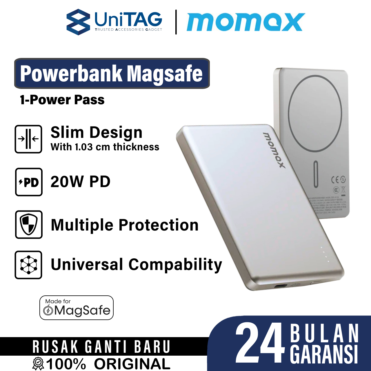 Momax Powerbank Magsafe Thin 10000mAh 1-Power Pass - Titanium IP137L1