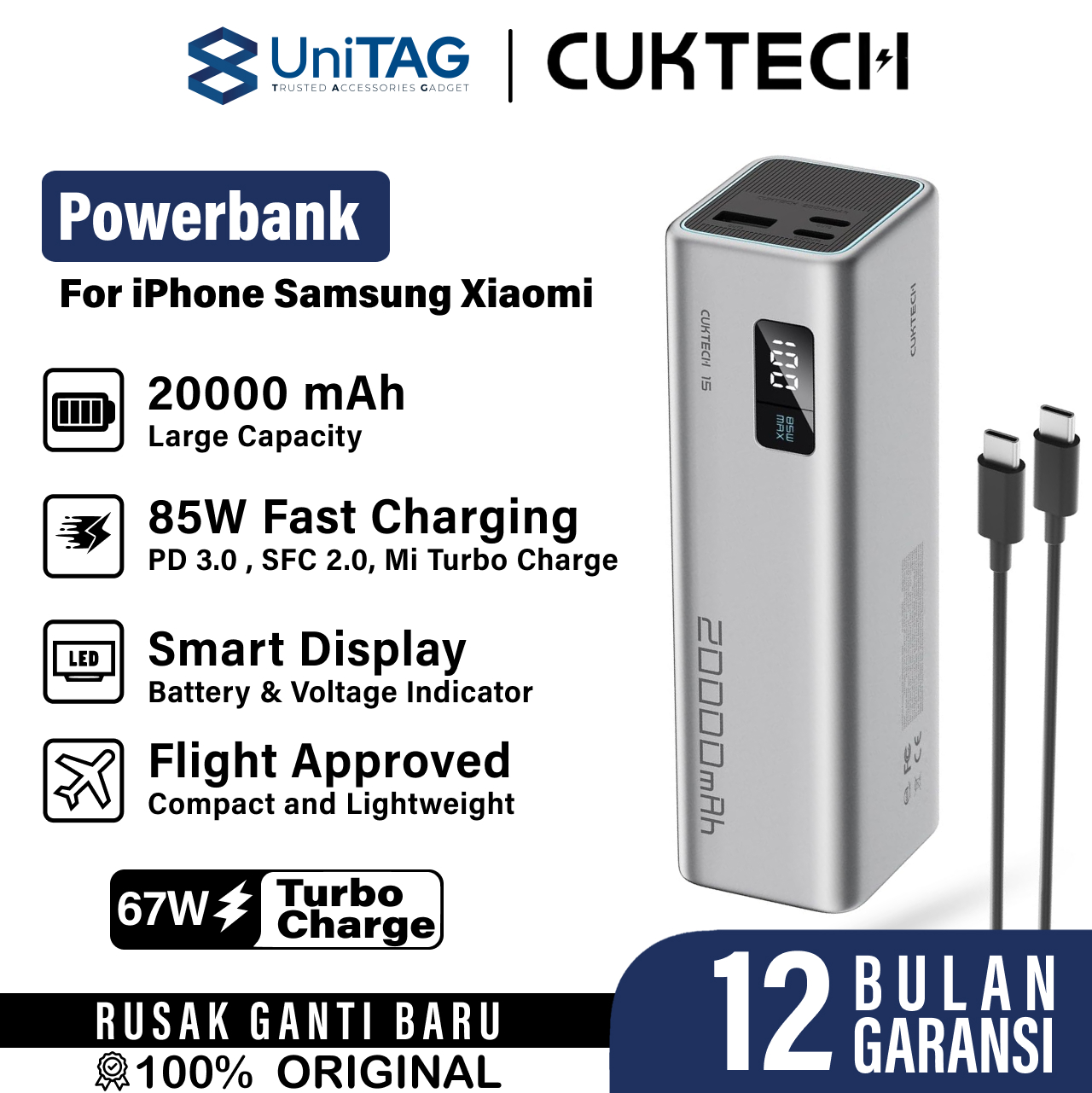 CUKTECH Powerbank 20000mAh 85W 1A 2C CUKTECH 15 SE - Gray CK-AC-PB200-GRY
