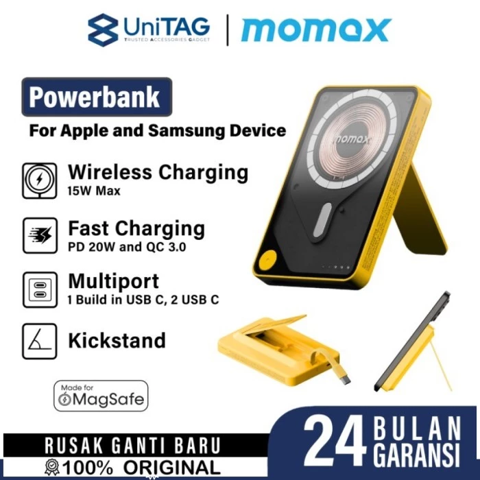 Momax Powerbank Magsafe Stand Built in Kabel Charger USB C 10000mAh 1-Power X Pro+ - Yellow IP132HKY