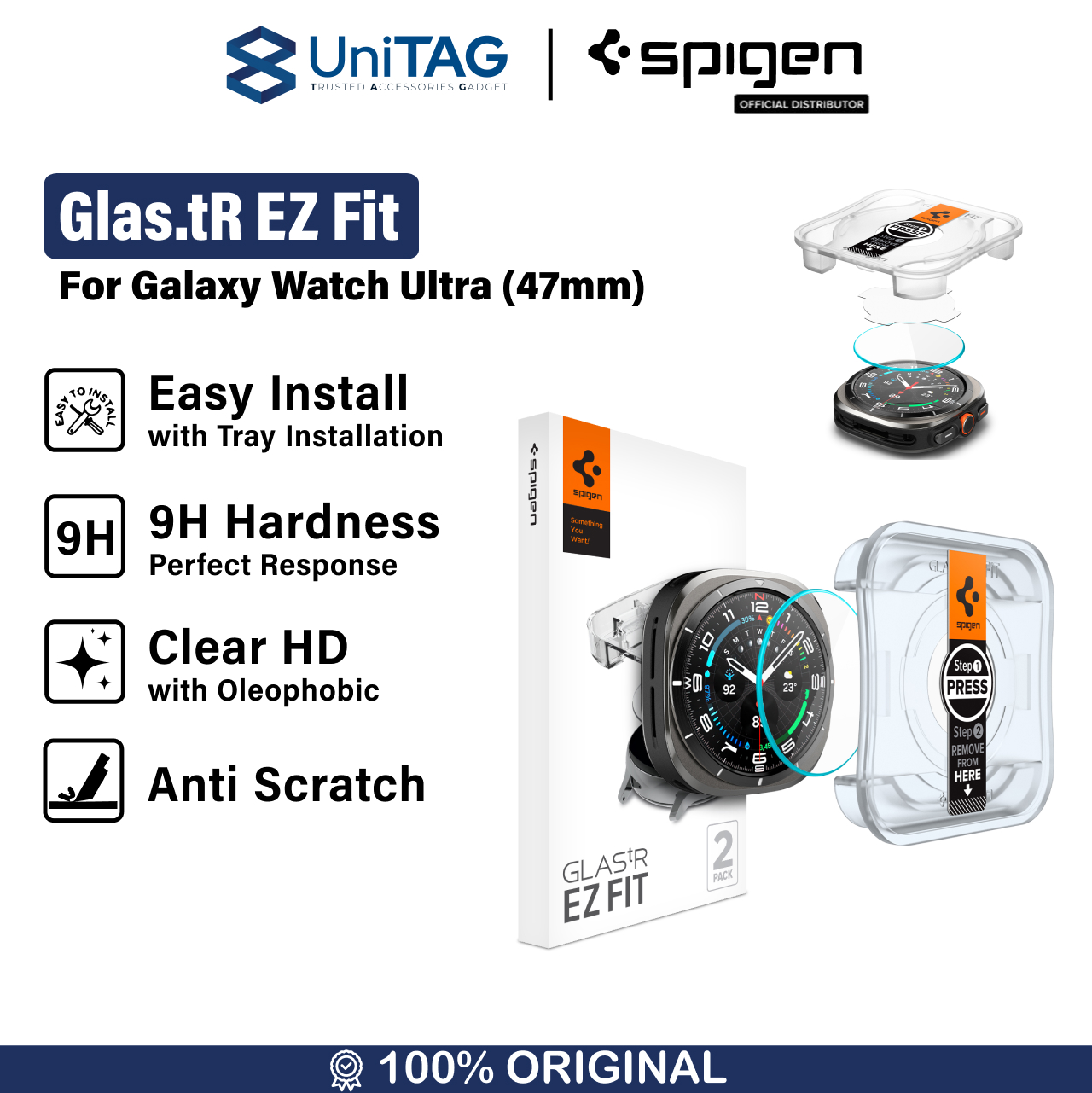 Spigen Galaxy Watch Ultra Tempered Glass with Tray 2 Pack GlastR EZ Fit - Transparency AGL08349
