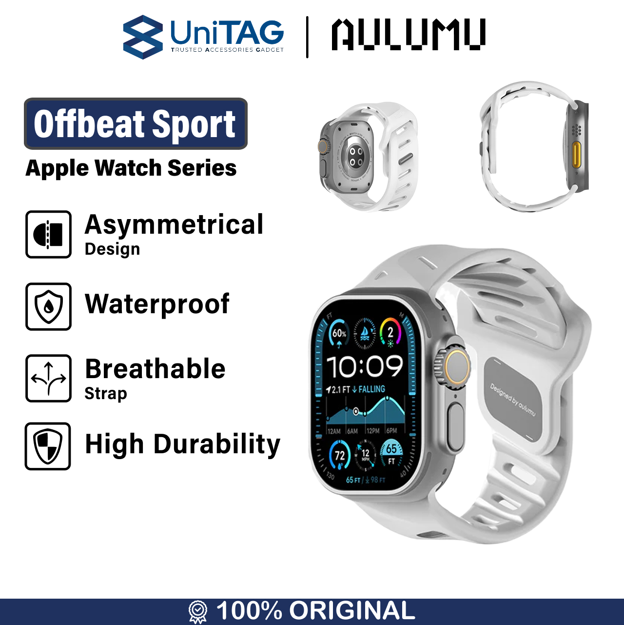 Aulumu Apple Watch 49mm / 46mm / 45mm / 44mm / 42mm (Series 3 / 2 / 1) Strap A02 Offbeat Sport Band - White A02-FKM-WT