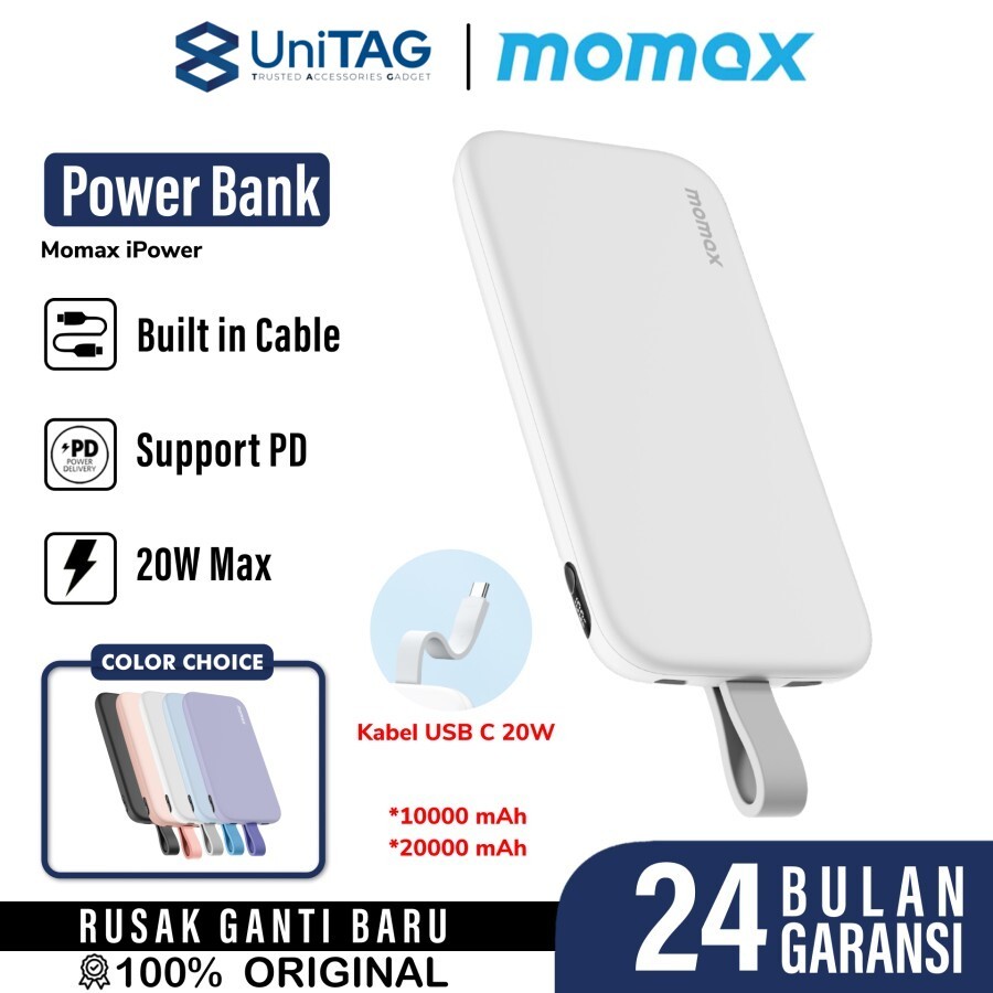 Momax Powerbank Built-in Kabel Charger USB C 10000mAh iPower PD 3 - White IP118W