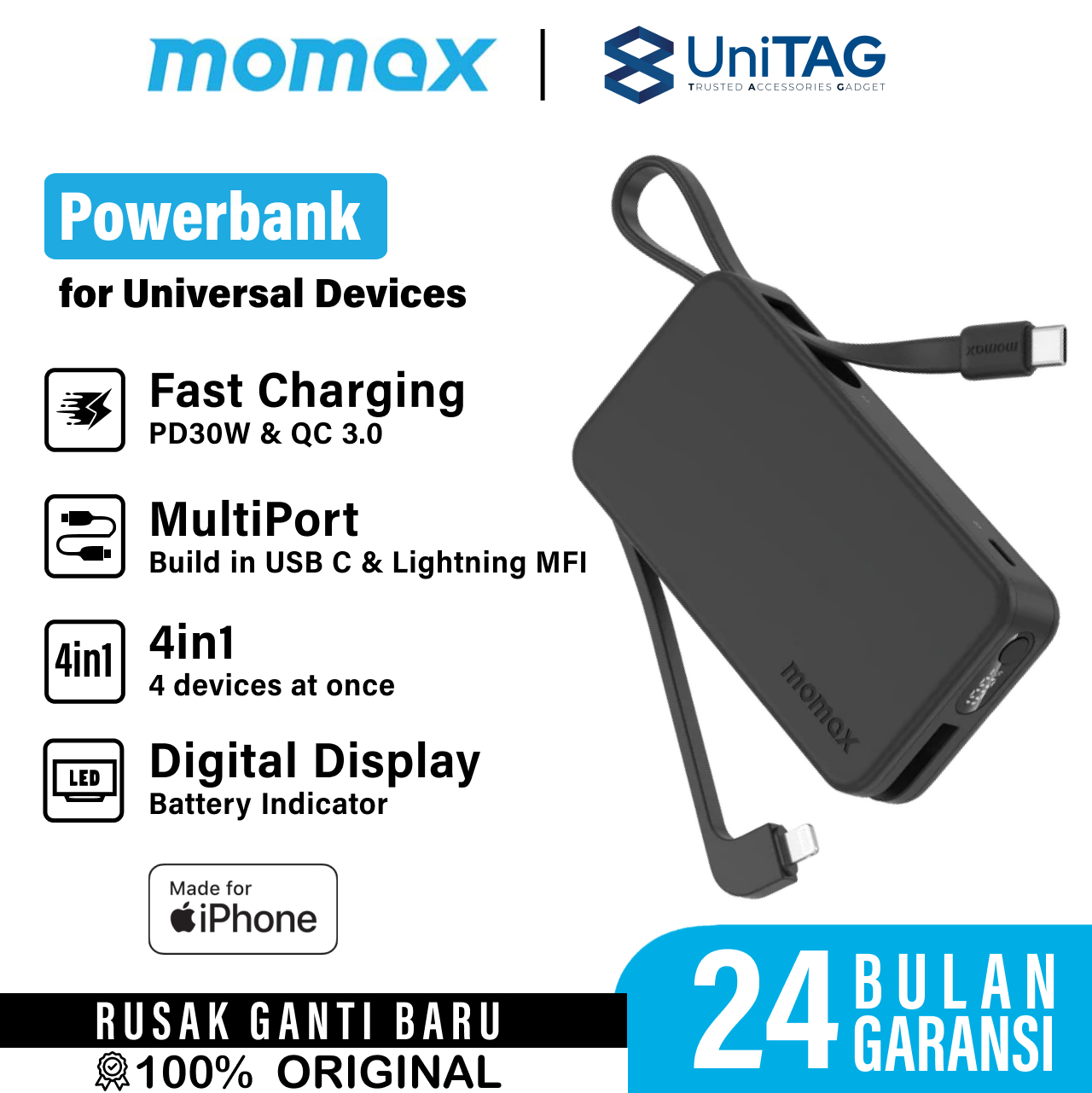 Momax Powerbank Built-in USB C + Lightning Cable 10000mAh 1-Power Vital+ - Black IP138MFID