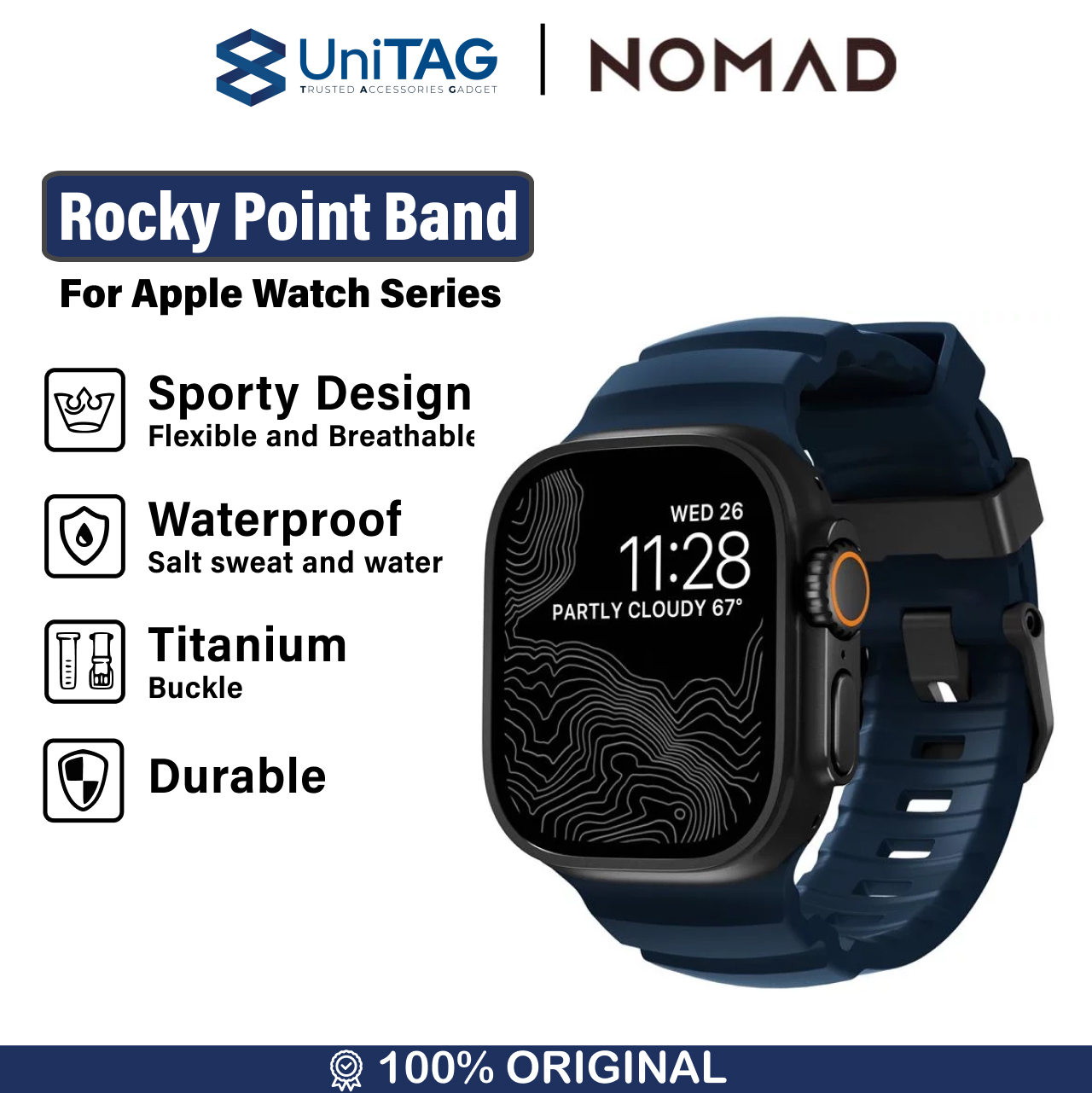 Nomad Apple Watch 49mm / 46mm / 45mm / 44mm / 42mm (Series 3 / 2 / 1) Strap Rocky Point Band - Atlantic Black Hardware NM014827858