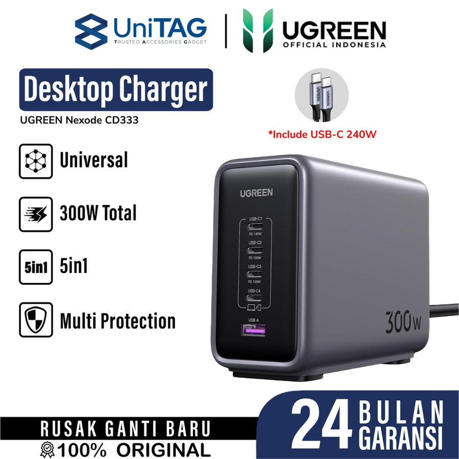 UGREEN Desktop Charger 300W GaN 1A 4C + Cable USB C to USB C Nexode - Grey CD333 90903B