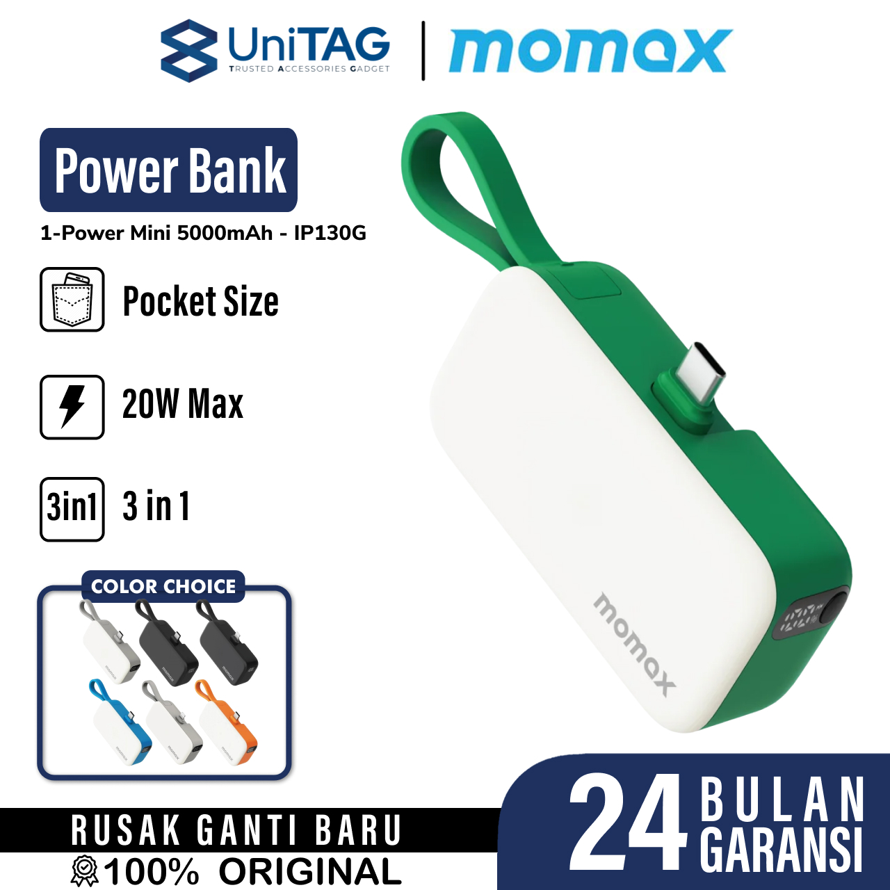 Momax Powerbank 3 in 1 1-Power Mini 5000mAh (+ 2 USB C Cable ) - Green IP130G