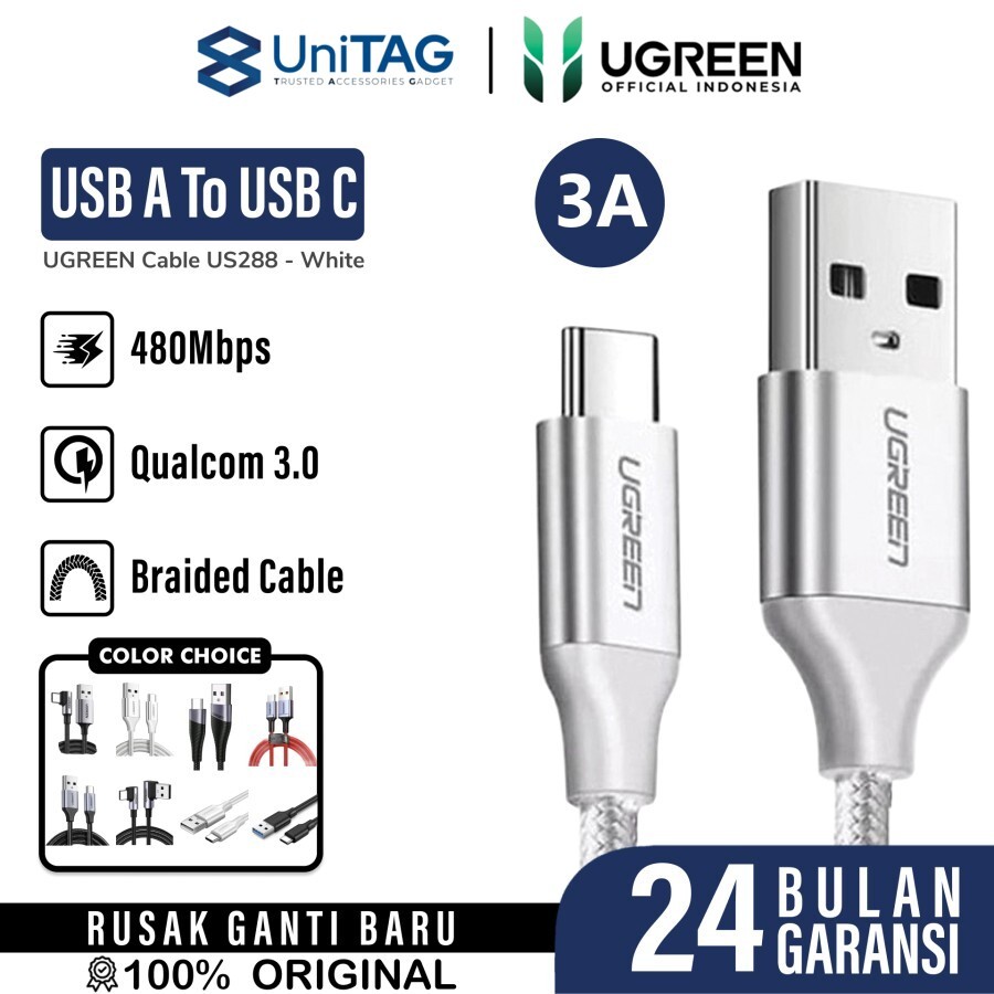 UGREEN Kabel Charger USB C - USB A 3A Braided 1m - White US288 60131