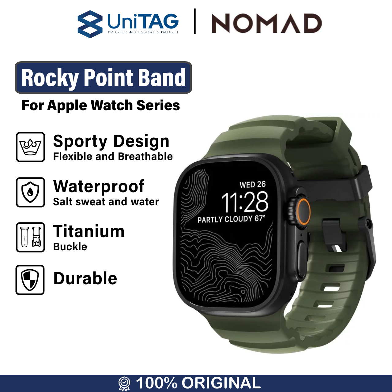 Nomad Apple Watch 49mm / 46mm / 45mm / 44mm / 42mm (Series 3 / 2 / 1) Strap Rocky Point Band - Forest Black Hardware NM014797858