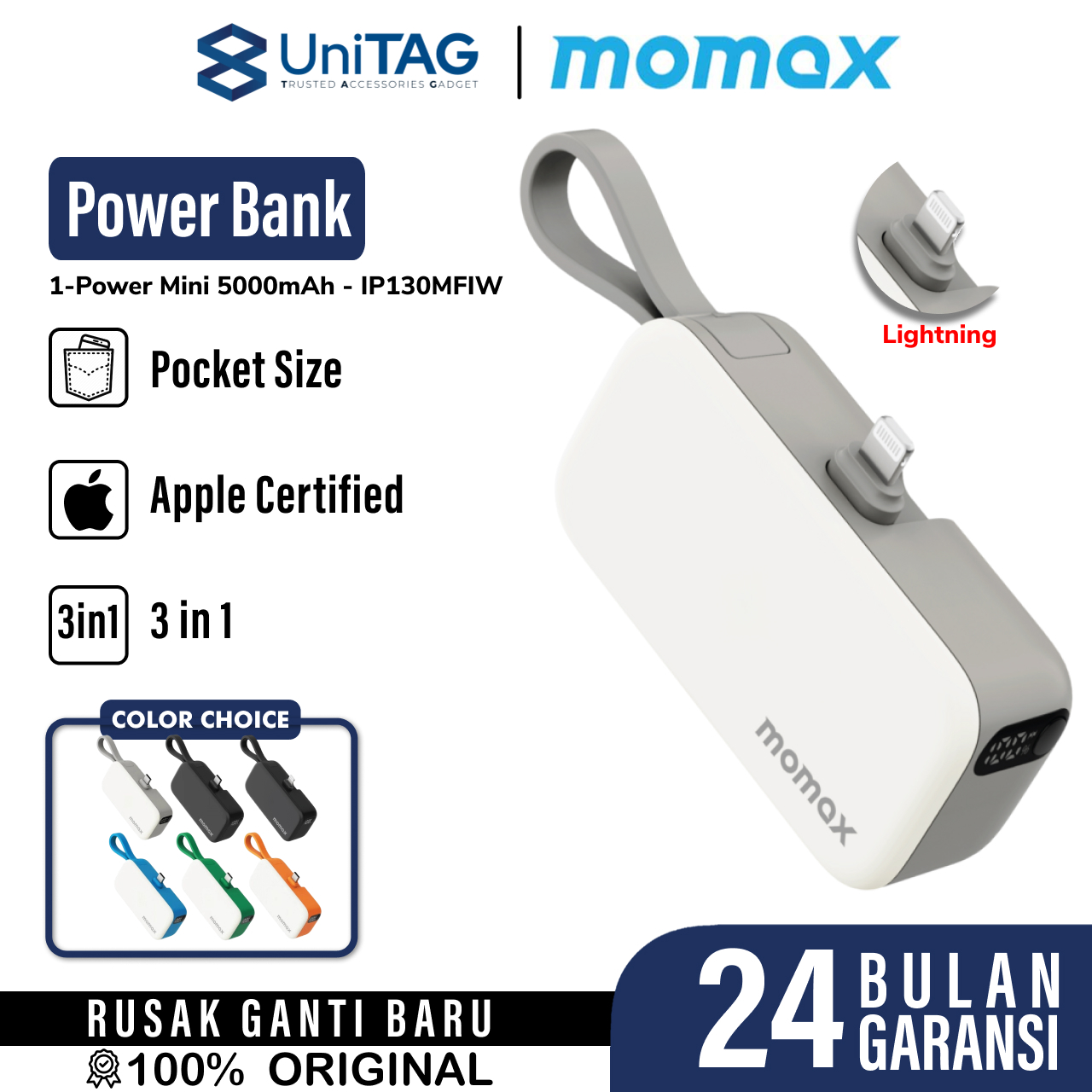 Momax Powerbank 3 in 1 1-Power Mini 5000mAh (+ USB C & Lightning Cable ) - White IP130MFIW