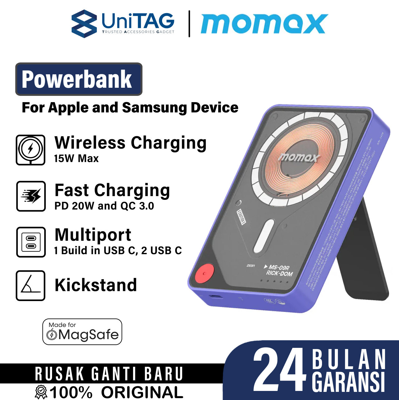Momax Powerbank Magsafe Stand Built in Kabel Charger USB C 10000mAh 1-Power X Pro+ - Purple IP132GDU