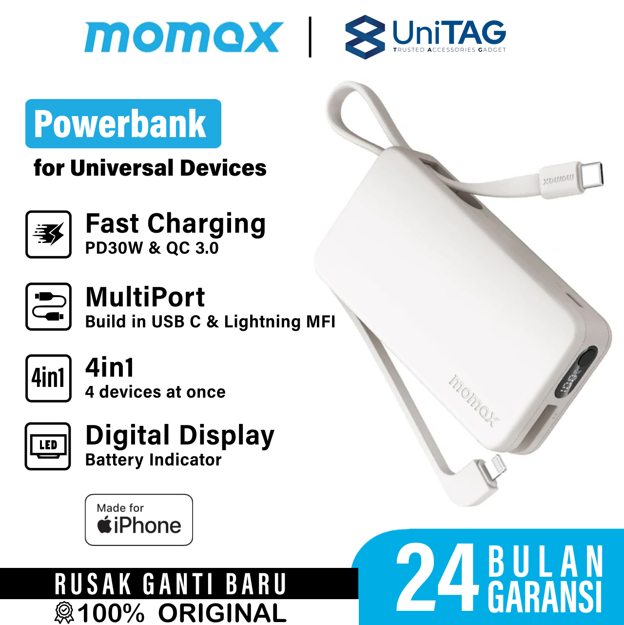 Momax Powerbank Built-in USB C + Lightning Cable 10000mAh 1-Power Vital+ - White IP138MFIW