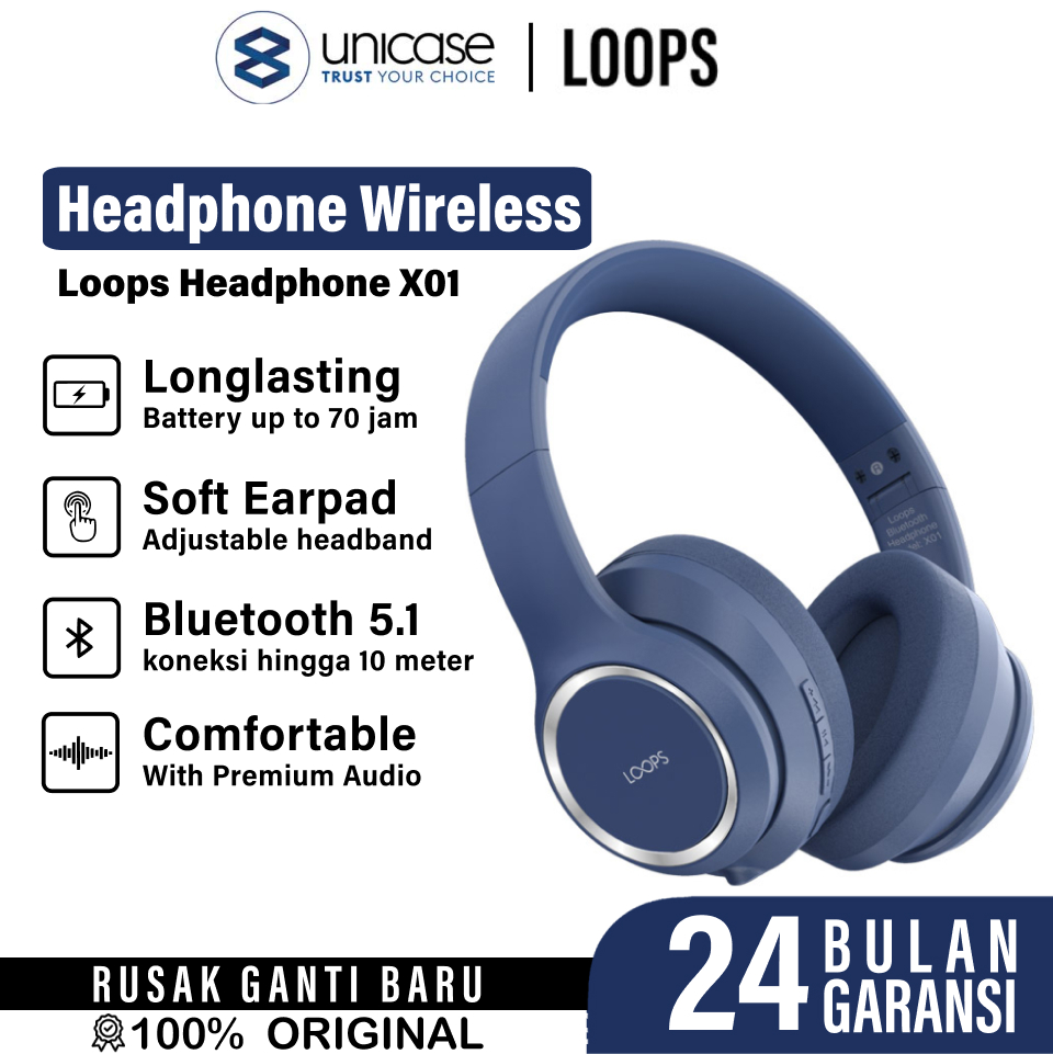 Loops Bluetooth Headphone X01 - Blue (Garansi TAM 12 Bulan)