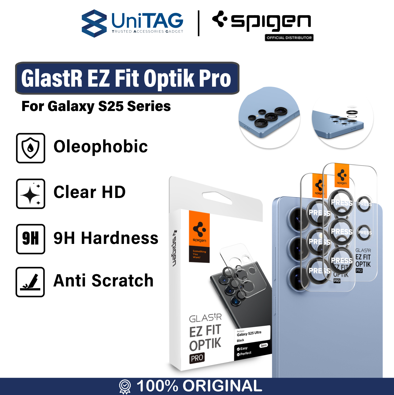 Spigen Galaxy S25 Plus Camera Lens Protector Camera Ring with Tray 2 Pack GlastR EZ Fit Optik Pro - Black AGL09088 (Offline SKU)