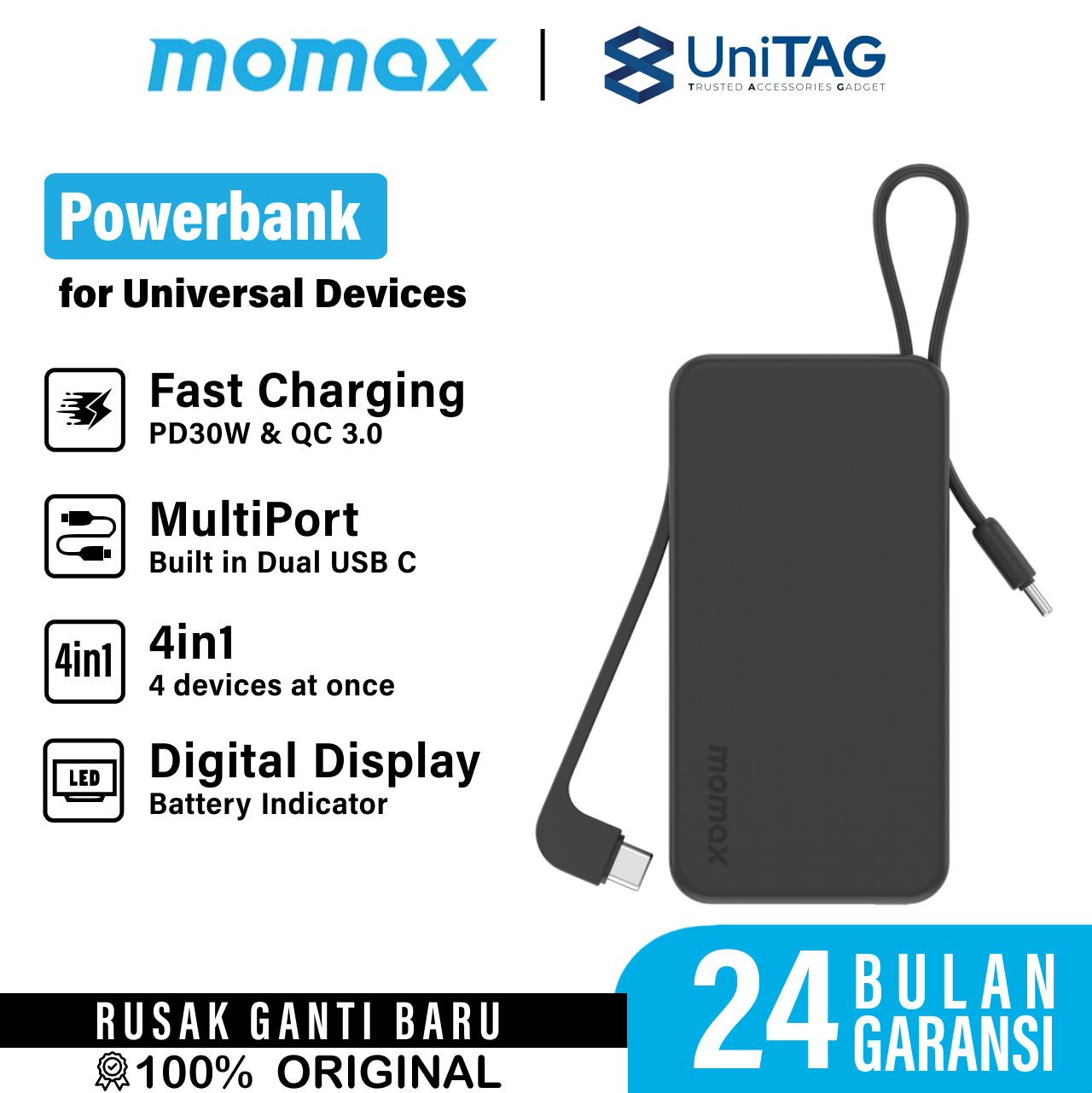 Momax Powerbank Dual Built-in USB C Cable 20000mAh 1-Power Vital+ - Black IP139D