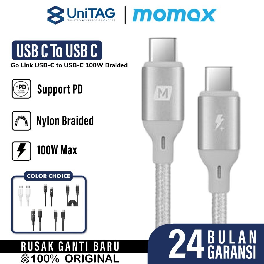 Momax Kabel Charger USB C - USB C 100W Braided Go Link 1.2m - Silver DC19S