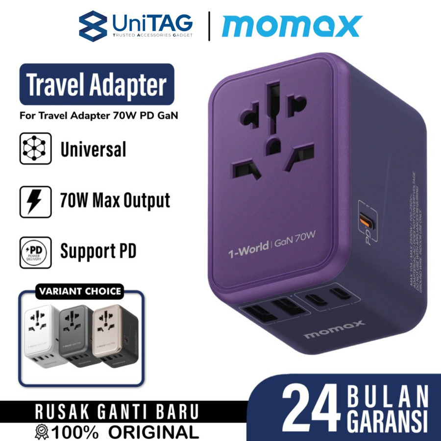 Momax Travel Adaptor 1-World Universal 5-Port 2A 3C PD QC GaN 70W - Titanium UA8AE