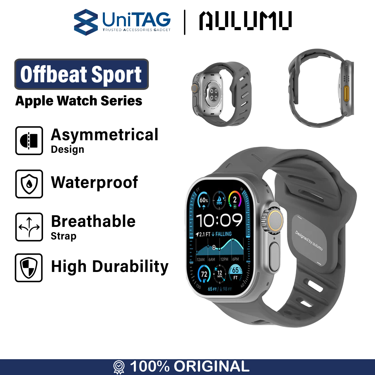 Aulumu Apple Watch 49mm / 46mm / 45mm / 44mm / 42mm (Series 3 / 2 / 1) Strap A02 Offbeat Sport Band - Gray A02-FKM-GY
