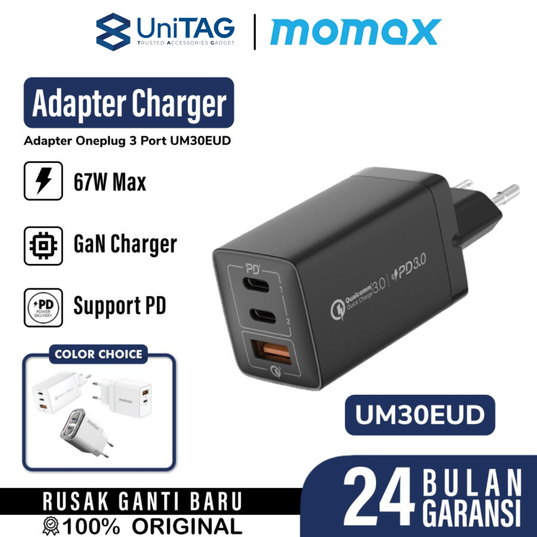 Momax Wall Charger 67W 1A 2C GaN ONEPLUG - Black UM30EUD