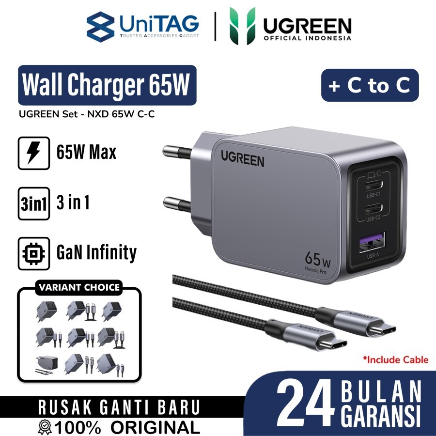 UGREEN Wall Charger 65W 2C1A (+ Cable Charger USB C to USB C) Nexode Pro - Gray X755 25871