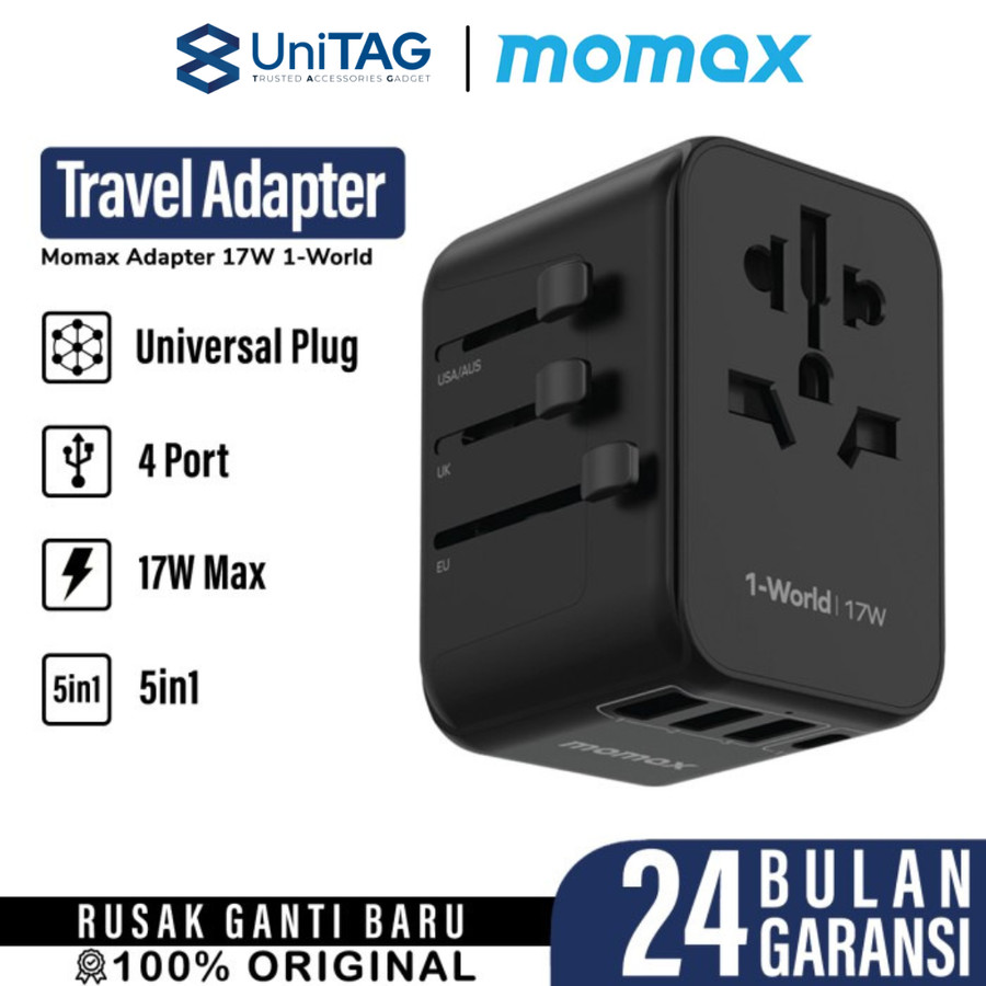 Momax Travel Adaptor 1-World 4-Port 3A 1C 17W - Black UA12D