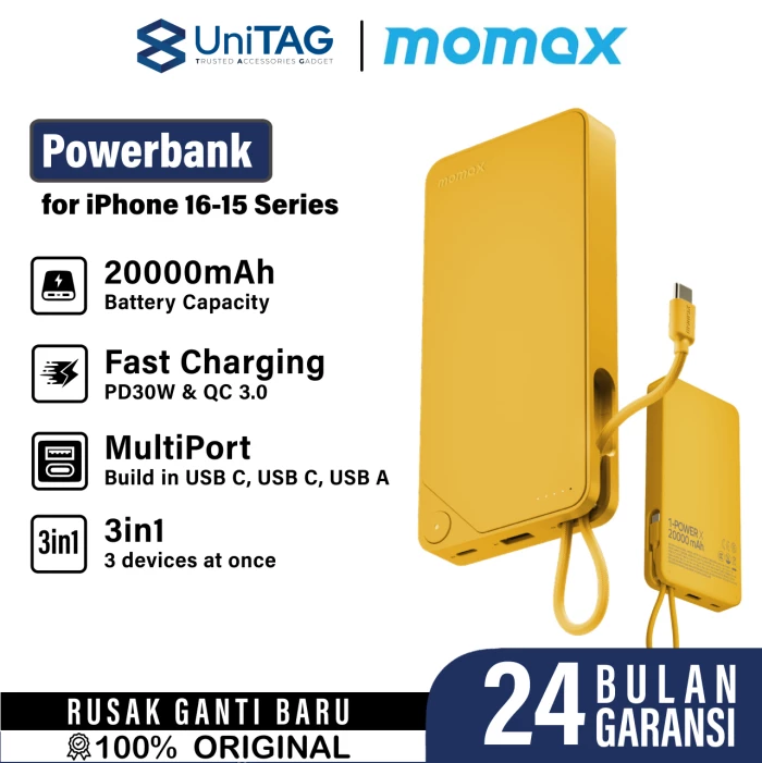 Momax Powerbank Built in Kabel Charger USB C 20000mAh 1-Power X1 - Yellow IP153Y