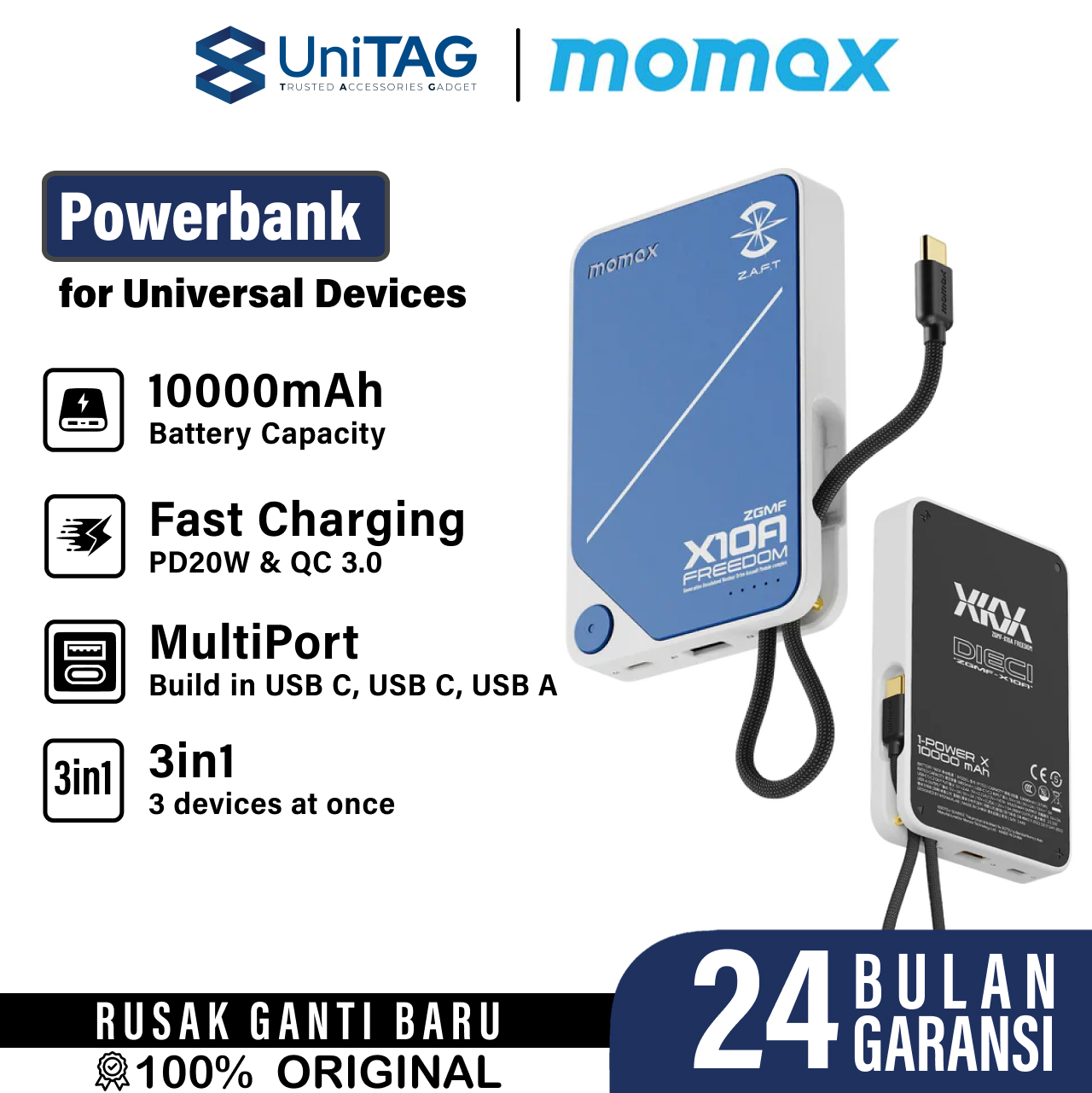 Momax Powerbank Built-in Kabel Charger USB C 10000mAh 1-Power X - Freedom Blue IP152GDW